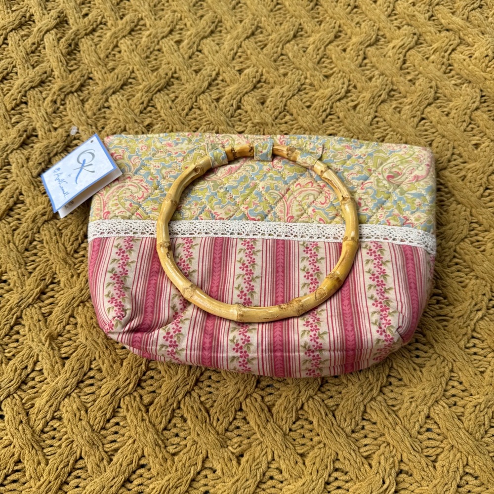 April Cornell GK Quilted Floral Paisley Bamboo Handle Handbag Cottage Pink Blue